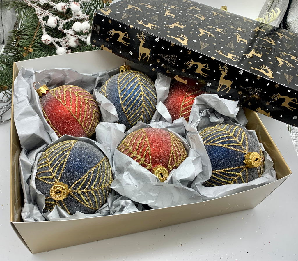 Set of blue and red Christmas glass balls, hand painted ornaments with gifted box, Handcrafted Xmas decorations ChristmasboxStore