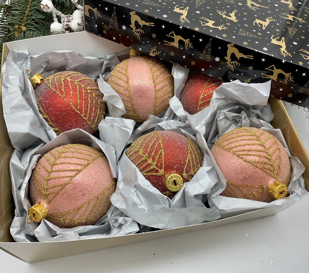 Set of pink and red Christmas glass balls, hand painted ornaments with gifted box, Handcrafted Xmas decorations ChristmasboxStore