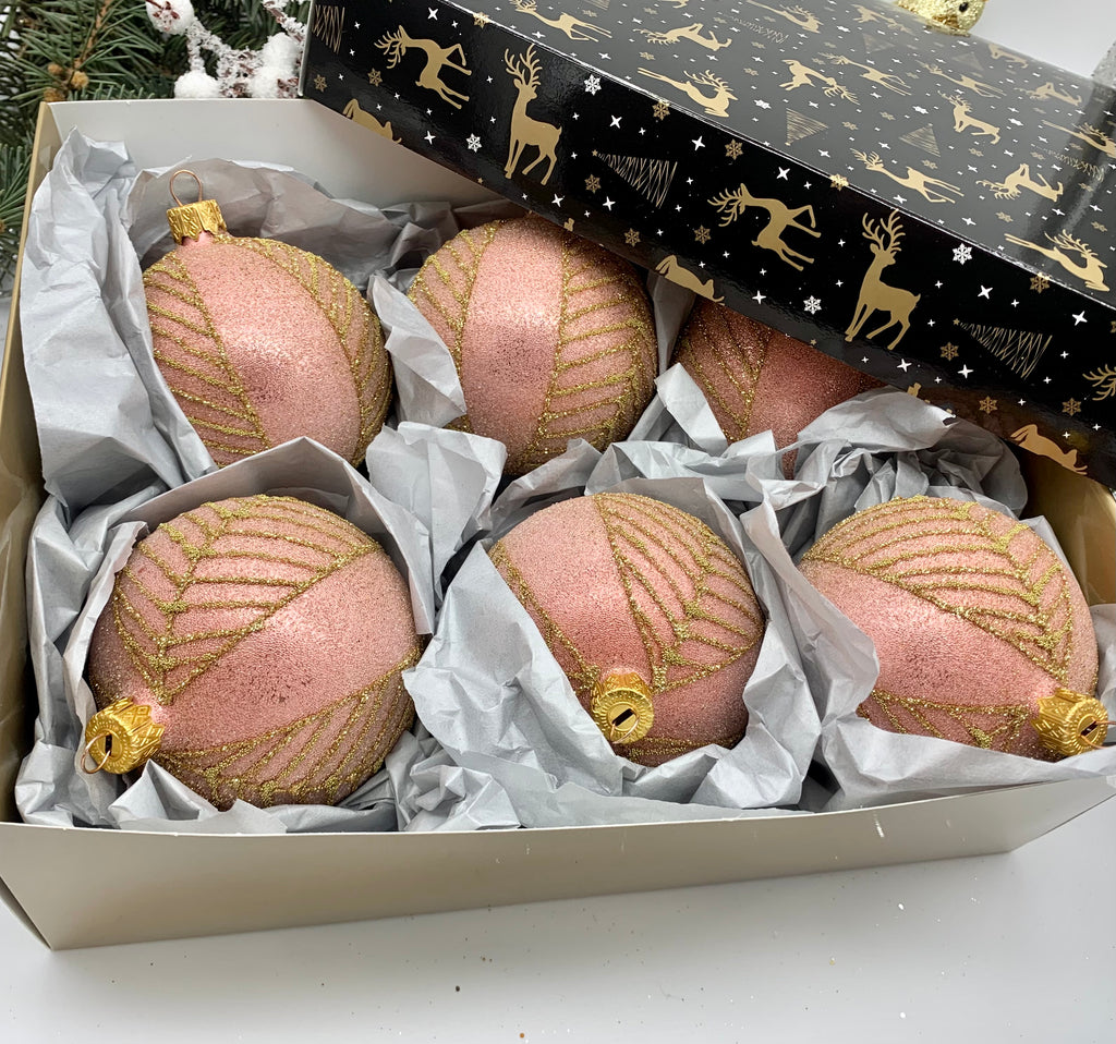 Set of 6 pink Christmas glass balls, hand painted ornaments with gifted box, Handcrafted Xmas decorations ChristmasboxStore