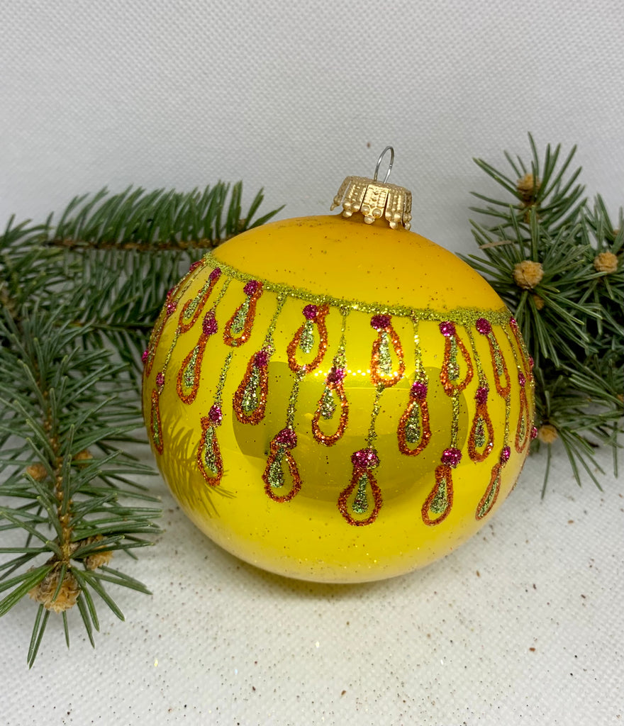 Yellow with gold glitter glass ball Christmas ornament, handmade XMAS decoration ChristmasboxStore