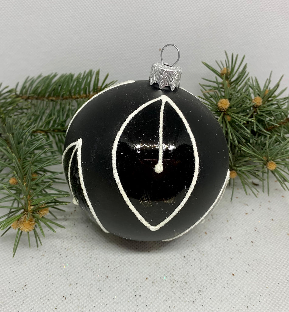 Black with white leaves glitter glass ball Christmas ornament, handmade XMAS decoration ChristmasboxStore