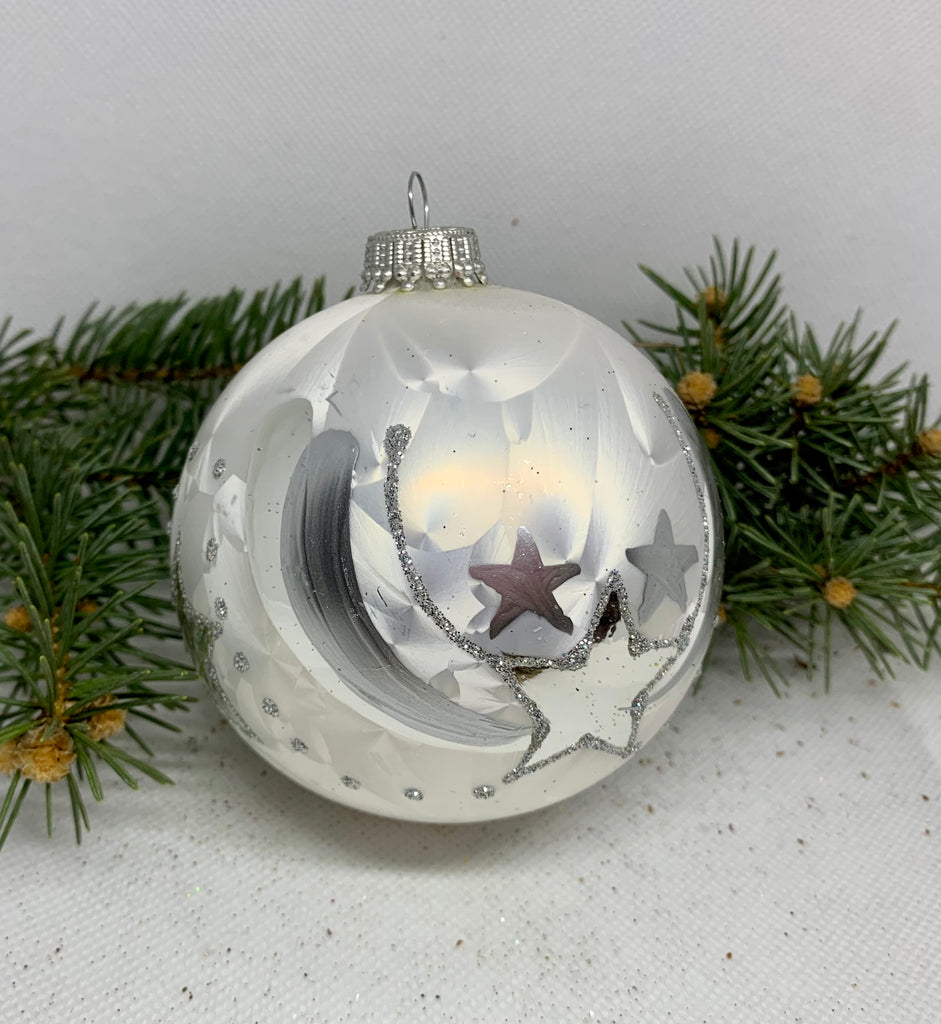 White and silver with stars glitter glass ball Christmas ornament, handmade XMAS decoration ChristmasboxStore