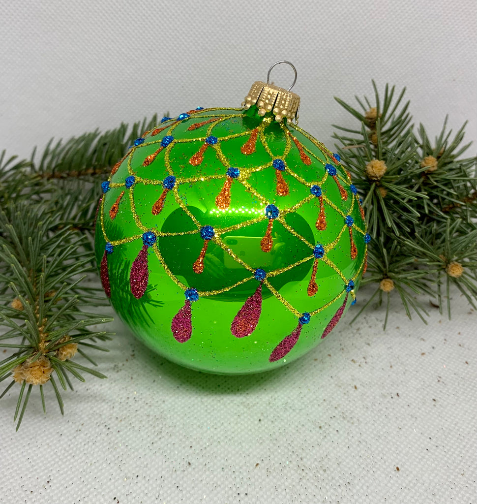 Green  glitter glass ball Christmas ornament, handmade XMAS decoration ChristmasboxStore