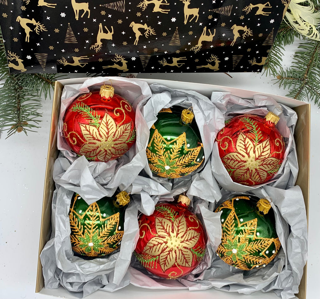 Set of green and red Christmas glass balls, hand painted ornaments with gifted box, Handcrafted Xmas decorations ChristmasboxStore