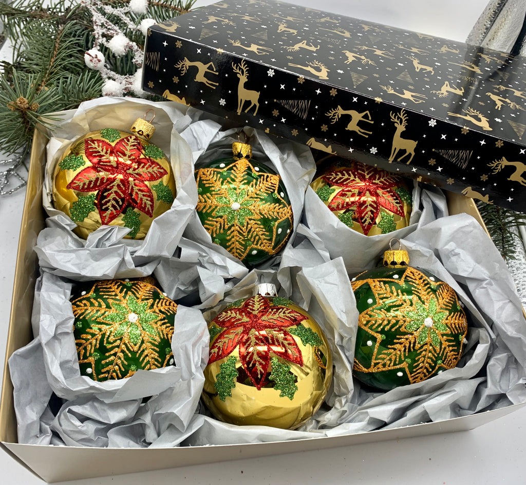 Set of green and gold Christmas glass balls, hand painted ornaments with gifted box, Handcrafted Xmas decorations ChristmasboxStore