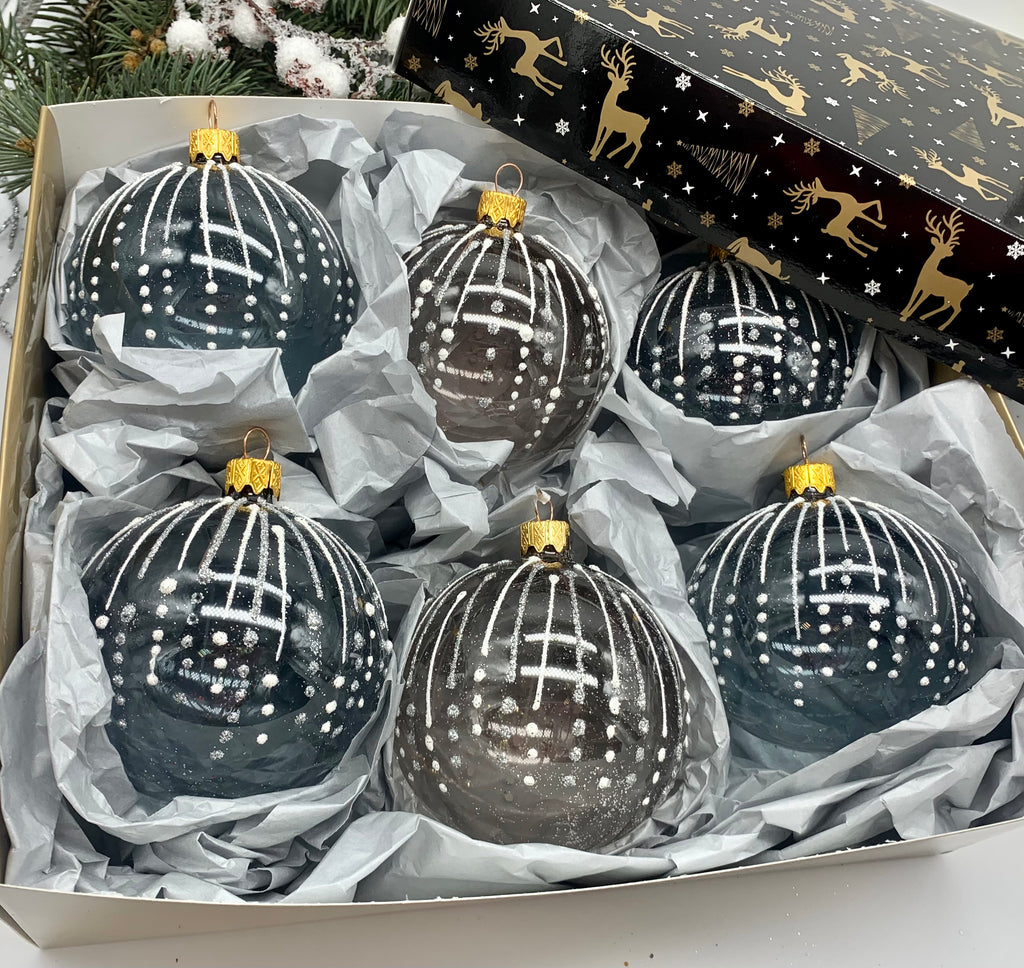 Set of 6 transparent Christmas glass balls, hand painted ornaments with gifted box, Handcrafted Xmas decorations ChristmasboxStore