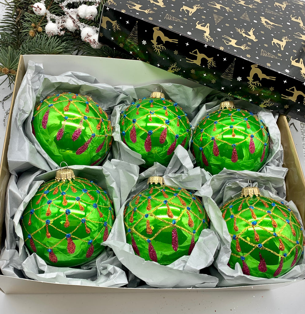 Set of 6 green Christmas glass balls, hand painted ornaments with gifted box, Handcrafted Xmas decorations ChristmasboxStore