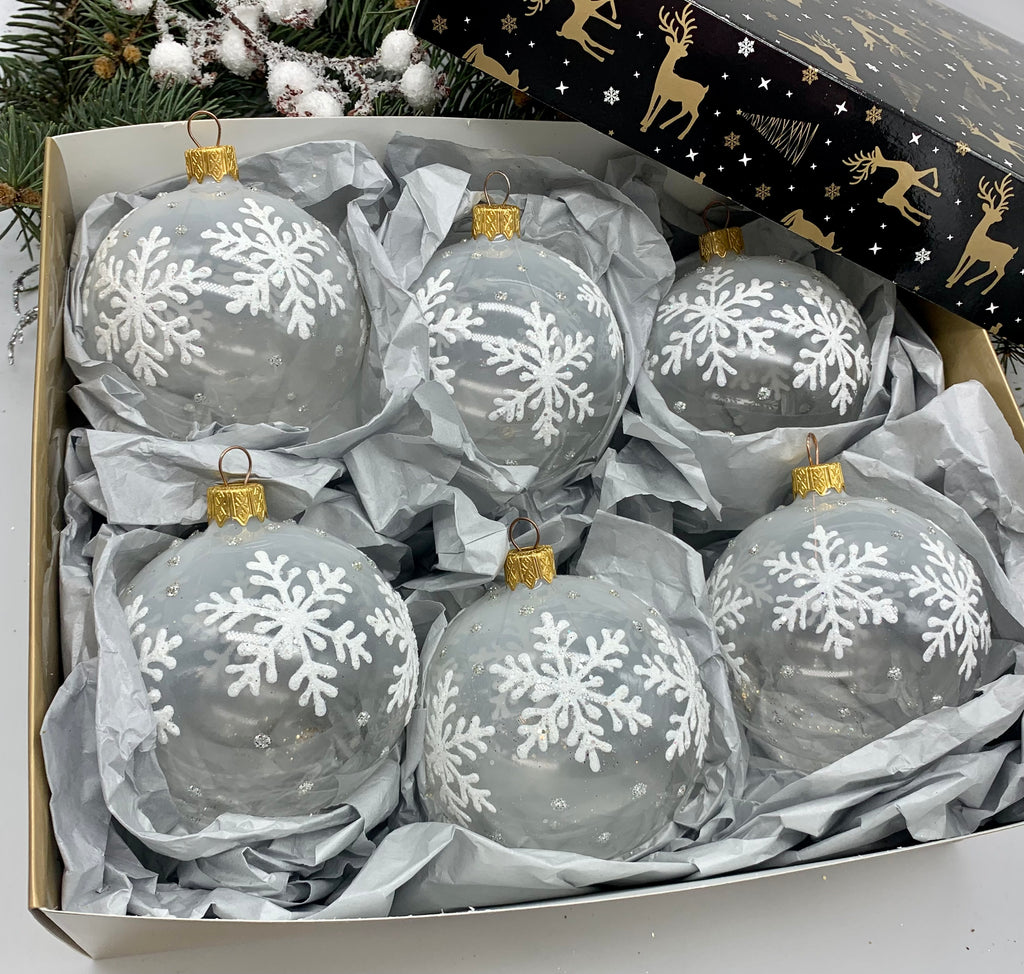 Set of 6 transparent with white snowflakes Christmas glass balls, hand painted ornaments with gifted box, Handcrafted Xmas decorations ChristmasboxStore