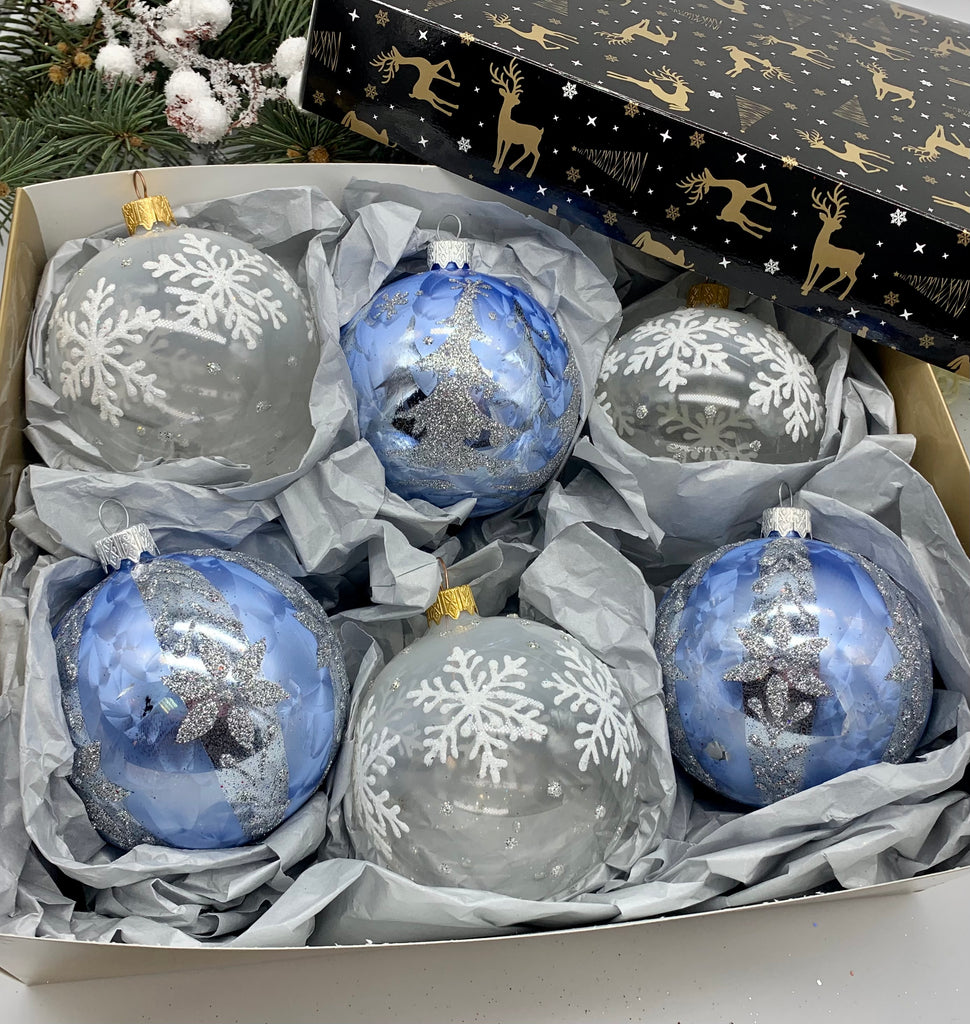 Set of transparent and blue Christmas glass balls, hand painted ornaments with gifted box, Handcrafted Xmas decorations ChristmasboxStore