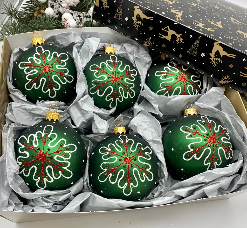 Set of 6 green Christmas glass balls, hand painted ornaments with gifted box, Handcrafted Xmas decorations ChristmasboxStore