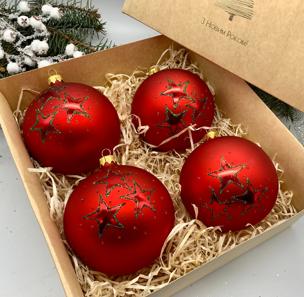 Set of 4 red with stars Christmas glass balls, hand painted ornaments with gifted box, Handcrafted Xmas decorations ChristmasboxStore