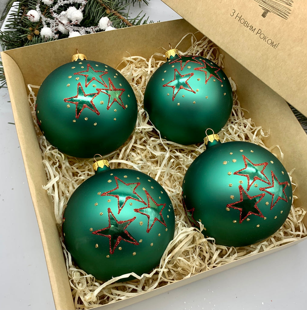 Set of 4 green with stars Christmas glass balls, hand painted ornaments with gifted box, Handcrafted Xmas decorations ChristmasboxStore