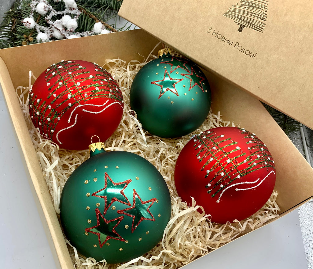 Set of red and green Christmas glass balls, hand painted ornaments with gifted box, Handcrafted Xmas decorations ChristmasboxStore