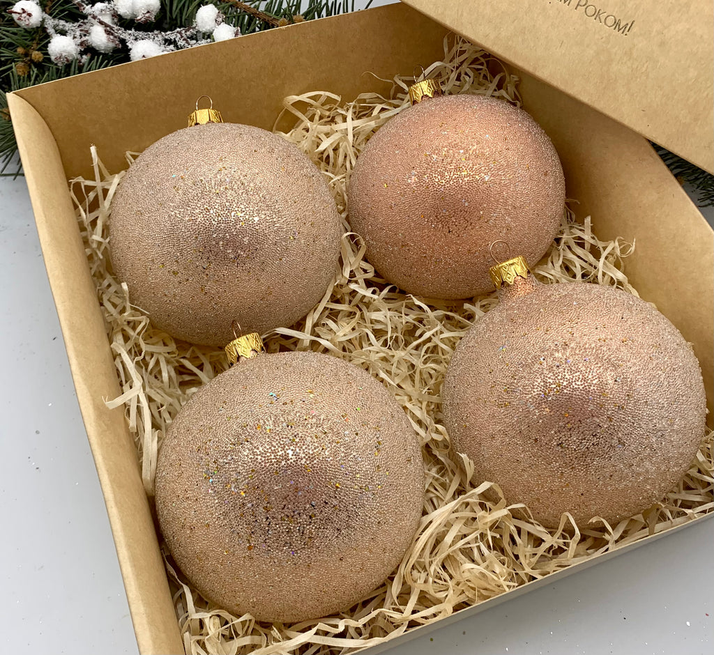 Set of 4 beige Christmas glass balls, hand painted ornaments with gifted box, Handcrafted Xmas decorations ChristmasboxStore