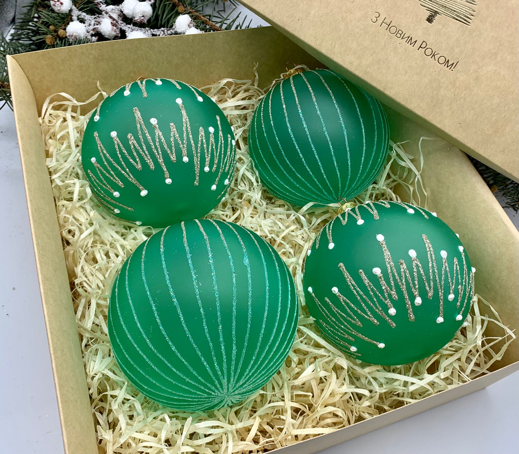 Set of 4 green Christmas glass balls, hand painted ornaments with gifted box, Handcrafted Xmas decorations ChristmasboxStore