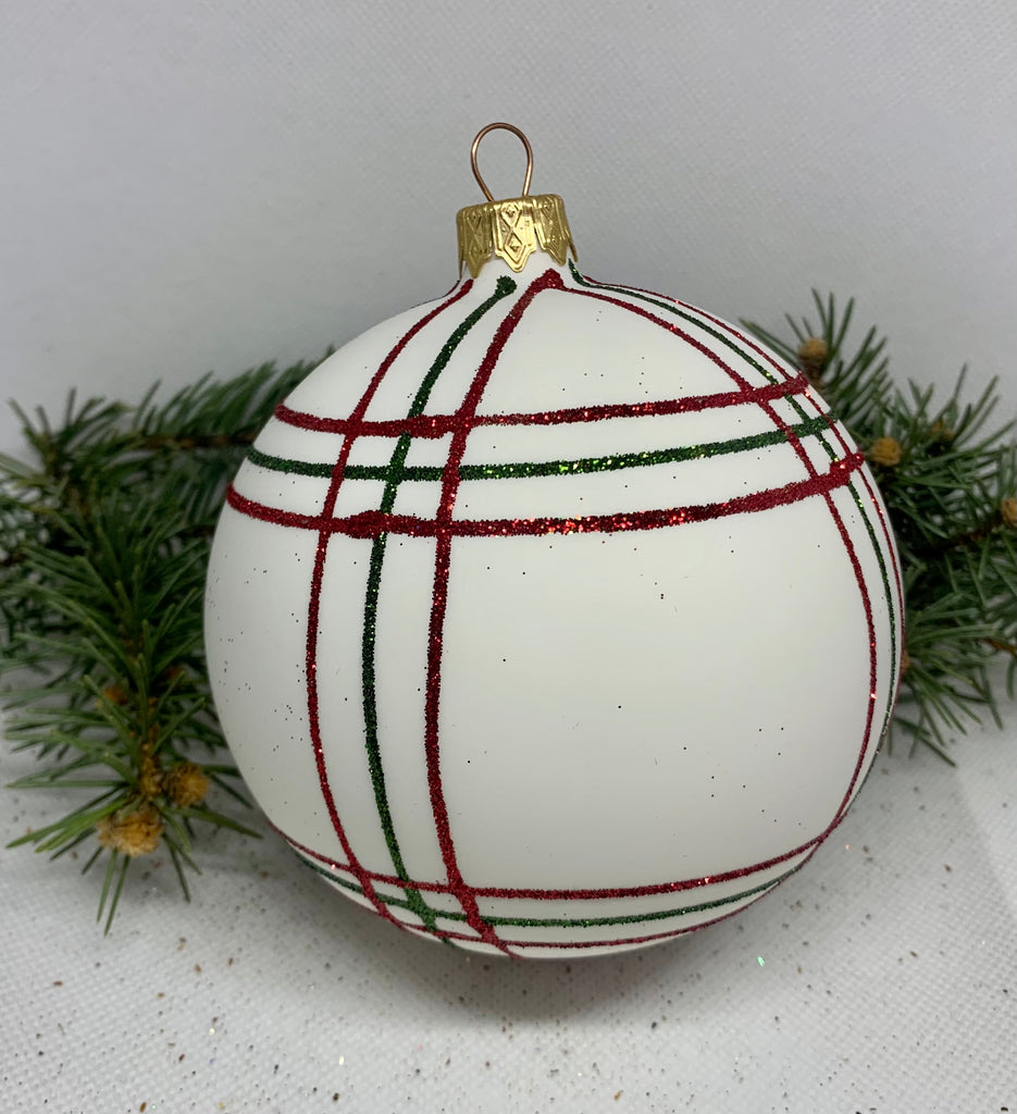 White with lines glitter glass ball Christmas ornament, handmade XMAS decoration ChristmasboxStore