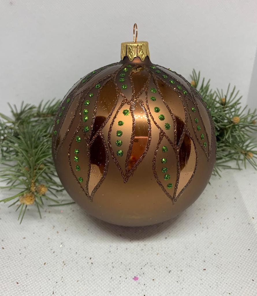 Brown with leaves glitter glass ball Christmas ornament, handmade XMAS decoration ChristmasboxStore