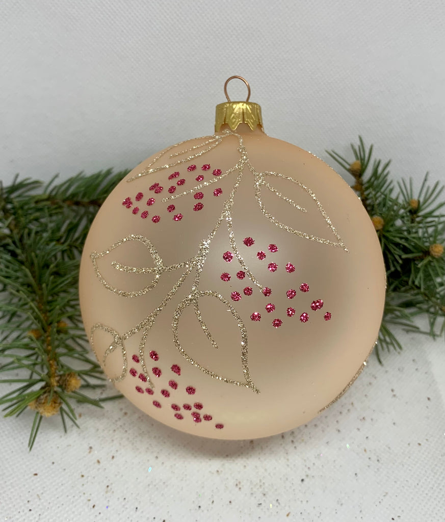 Pink Matt wth leaves glitter glass ball Christmas ornament, handmade XMAS decoration ChristmasboxStore