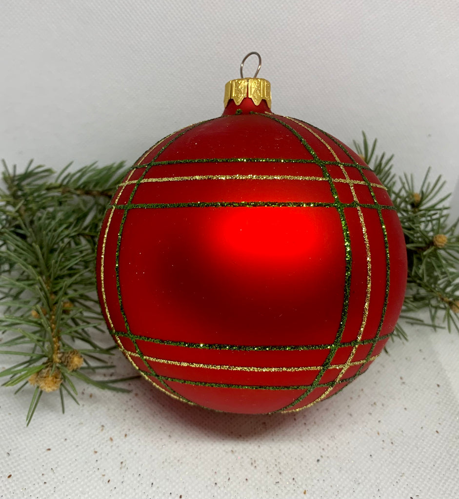 Red with lines glitter glass ball Christmas ornament, handmade XMAS decoration ChristmasboxStore