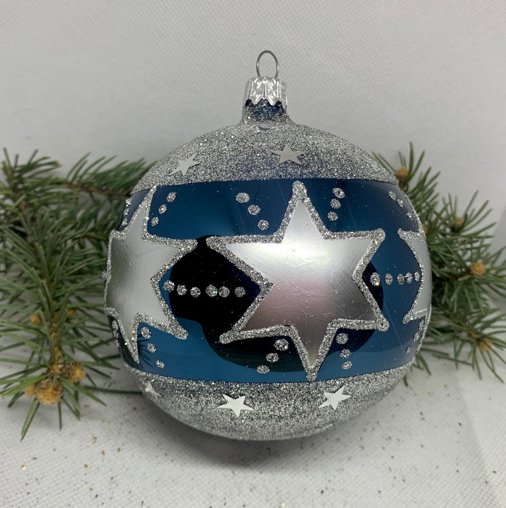 Blue with silver stars glitter glass ball Christmas ornament, handmade XMAS decoration ChristmasboxStore