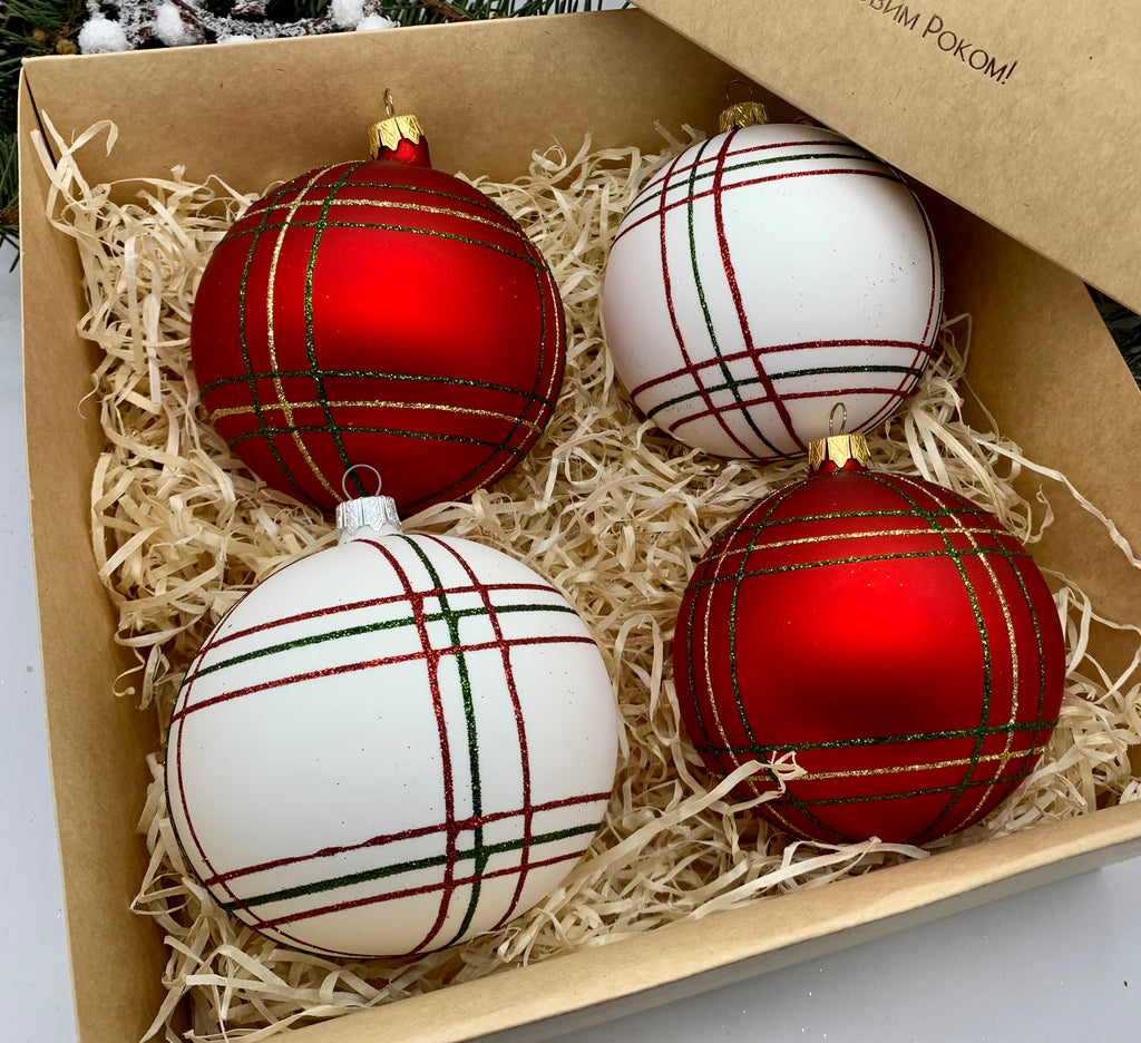 Set of red and white Christmas glass balls, hand painted ornaments with gifted box, Handcrafted Xmas decorations ChristmasboxStore