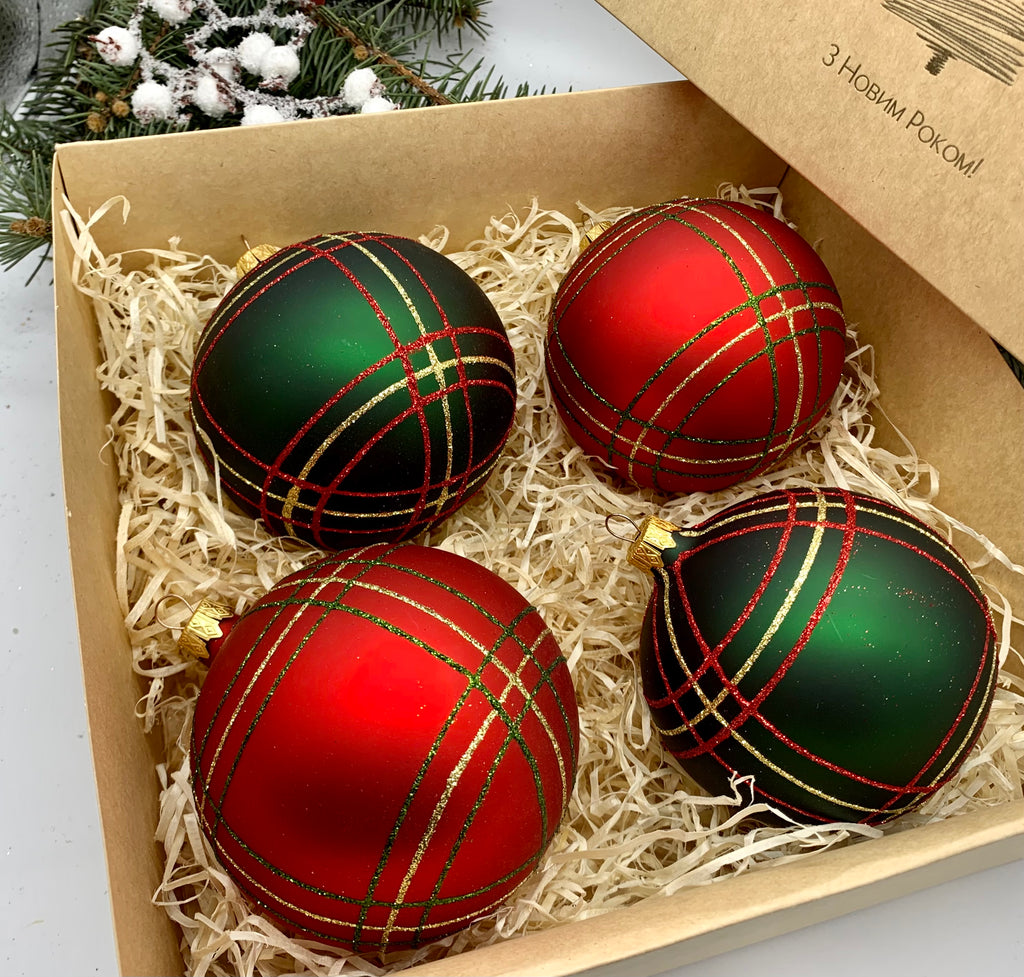 Set of green and red with lines Christmas glass balls, hand painted ornaments with gifted box, Handcrafted Xmas decorations ChristmasboxStore