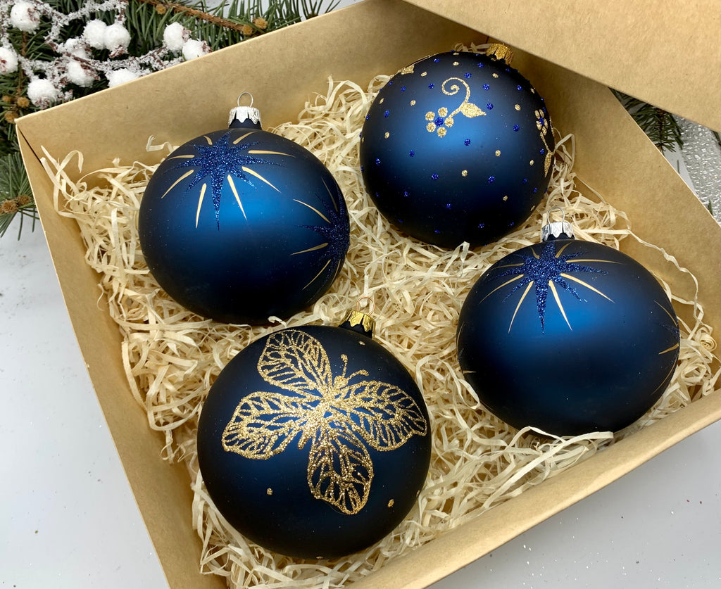 Set of 4 blue Christmas glass balls, hand painted ornaments with gifted box, Handcrafted Xmas decorations ChristmasboxStore