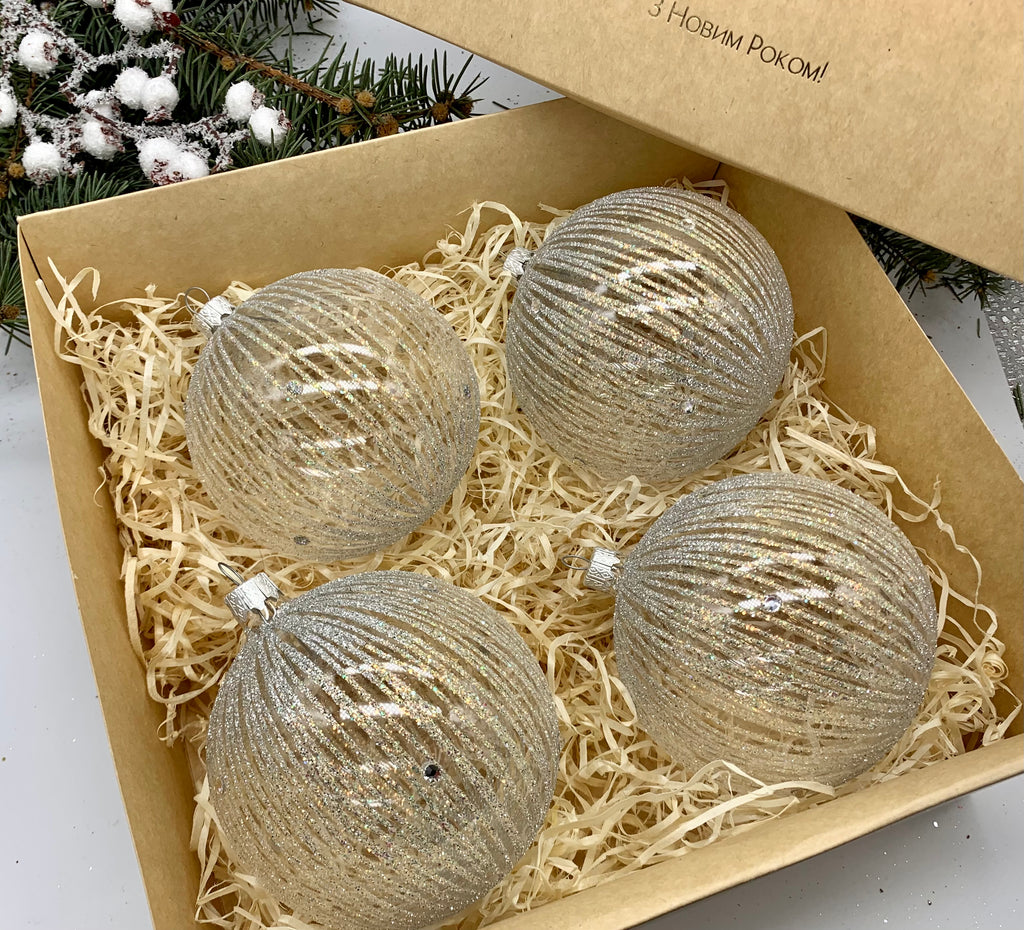 Set of 4 transparent with glitter Christmas glass balls, hand painted ornaments with gifted box, Handcrafted Xmas decorations ChristmasboxStore