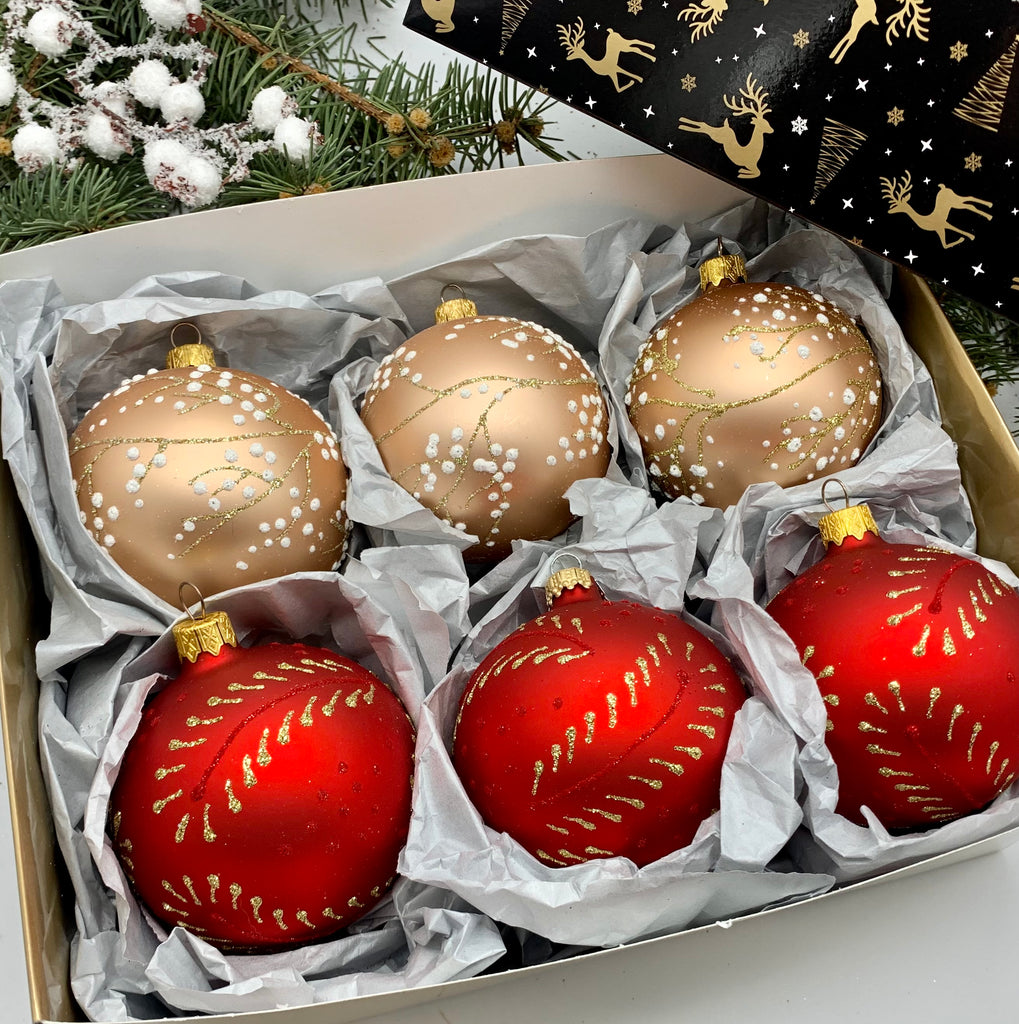 Set of red and beige Christmas glass balls, hand painted ornaments with gifted box, Handcrafted Xmas decorations ChristmasboxStore