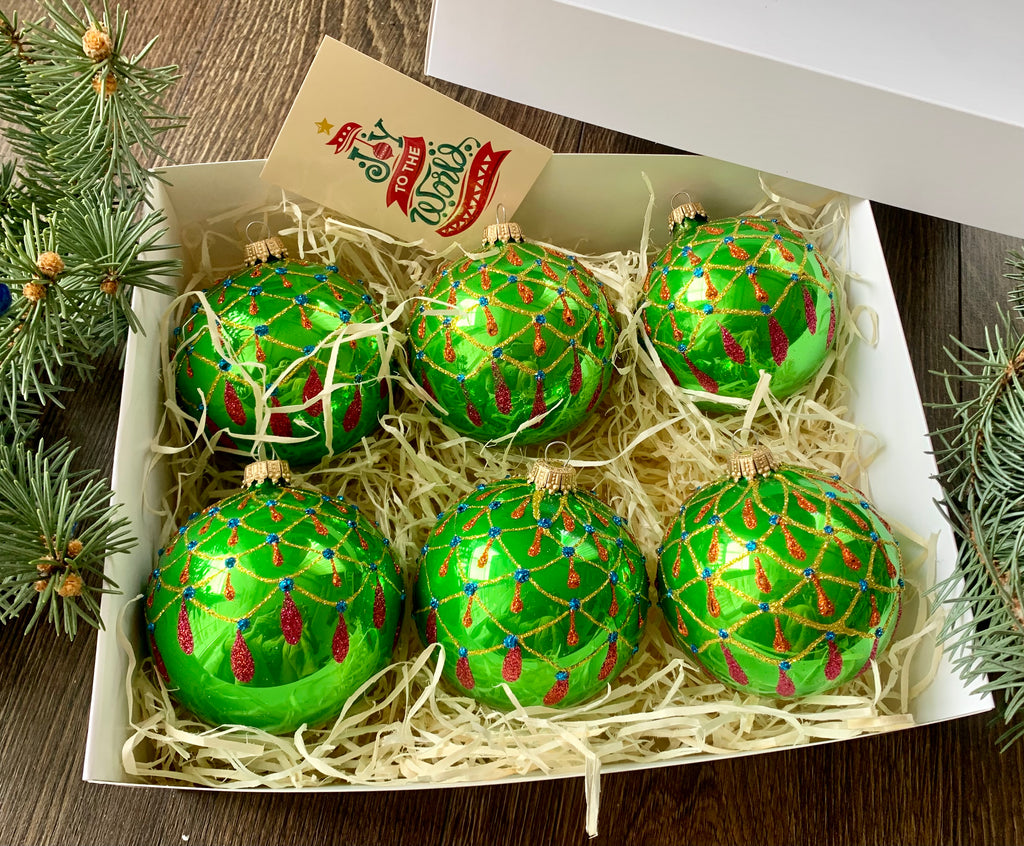 Set of 6 green Christmas glass balls, hand painted ornaments with gifted box, Handcrafted Xmas decorations ChristmasboxStore