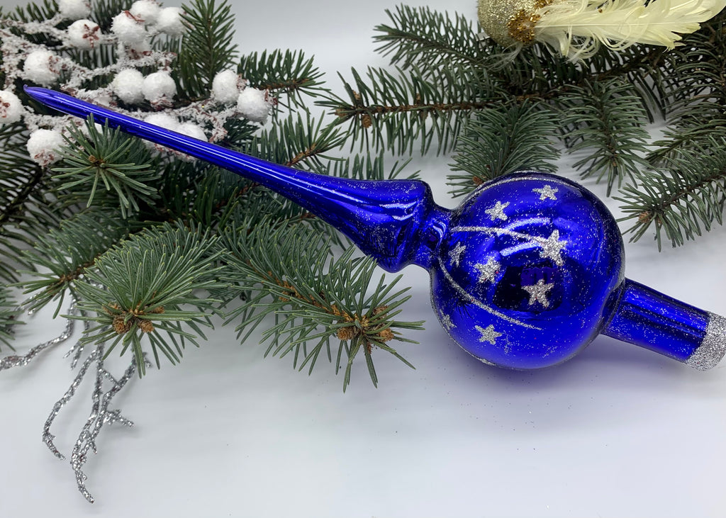 Blue Christmas glass tree topper with silver stars, vintage XMAS finial ChristmasboxStore