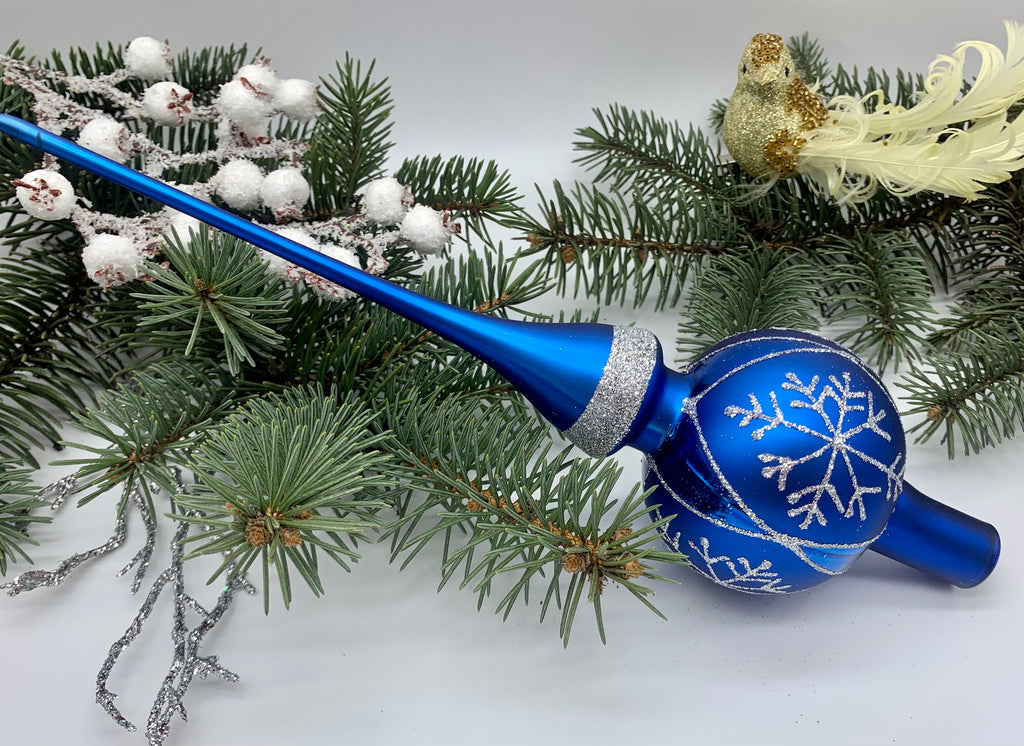 Blue matt Christmas glass tree topper with snowflakes, vintage XMAS finial ChristmasboxStore