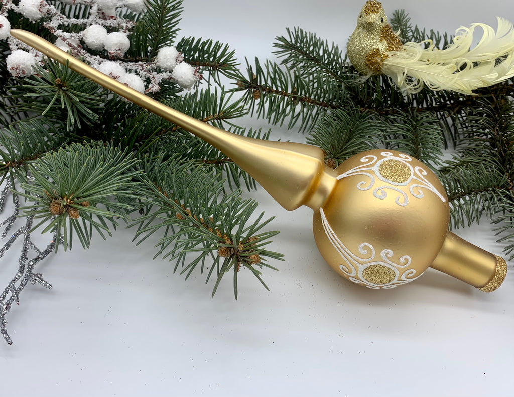 Gold and white Christmas glass tree topper, vintage XMAS finial ChristmasboxStore