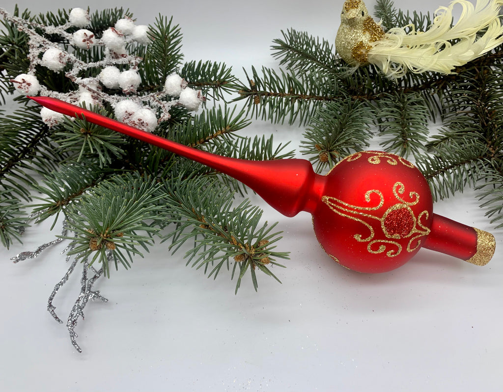 Red Christmas glass tree topper with gold glitter, vintage XMAS finial ChristmasboxStore