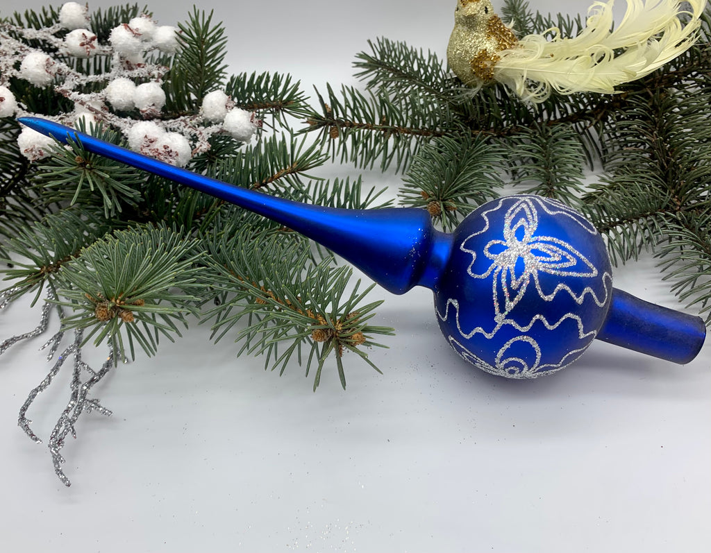 Blue Christmas glass tree topper with silver ornament, vintage XMAS finial ChristmasboxStore