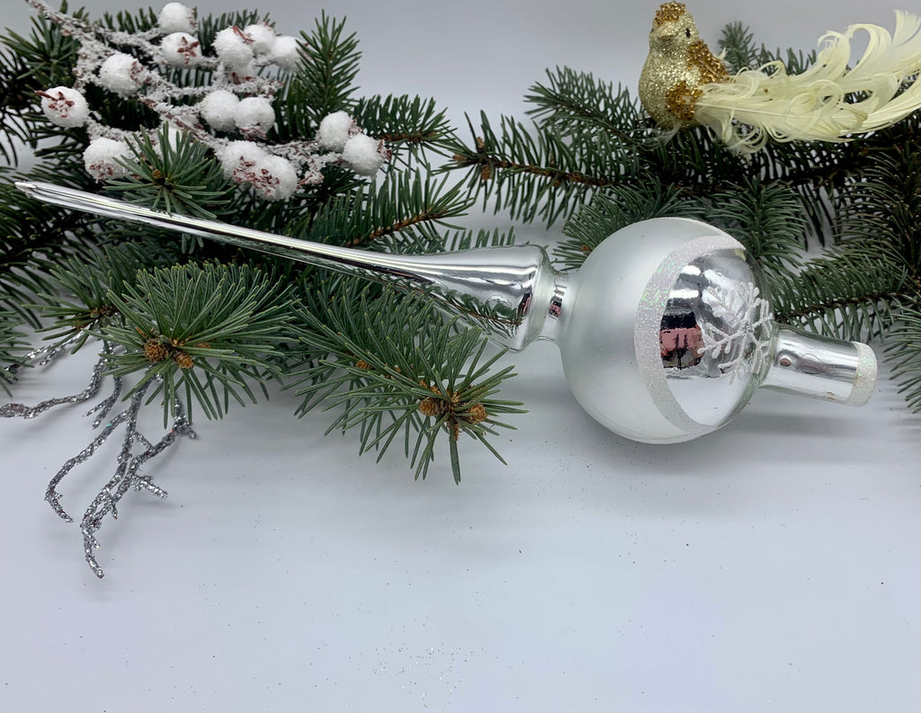 Silver Christmas glass tree topper with snowflakes, vintage XMAS finial ChristmasboxStore