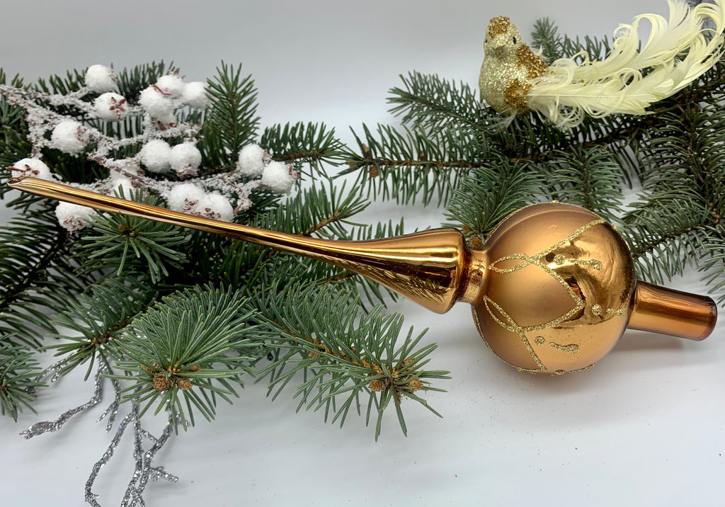 Gold Christmas glass tree topper with gold glitter, vintage XMAS finial ChristmasboxStore