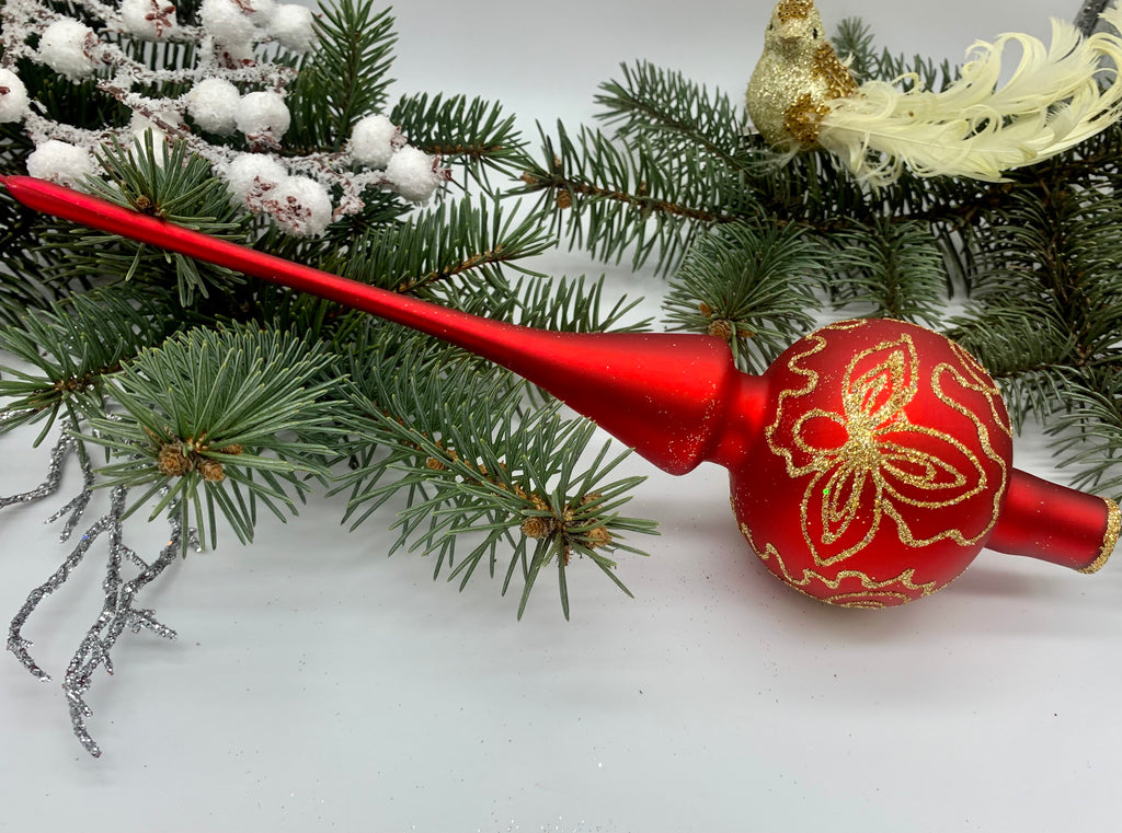 Red Christmas glass tree topper with gold glitter, vintage XMAS finial ChristmasboxStore