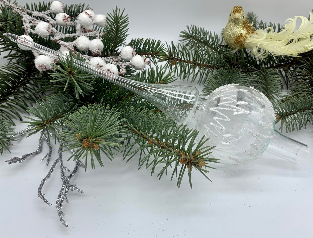 Transparent Christmas glass tree topper with silver glitter, vintage XMAS finial ChristmasboxStore