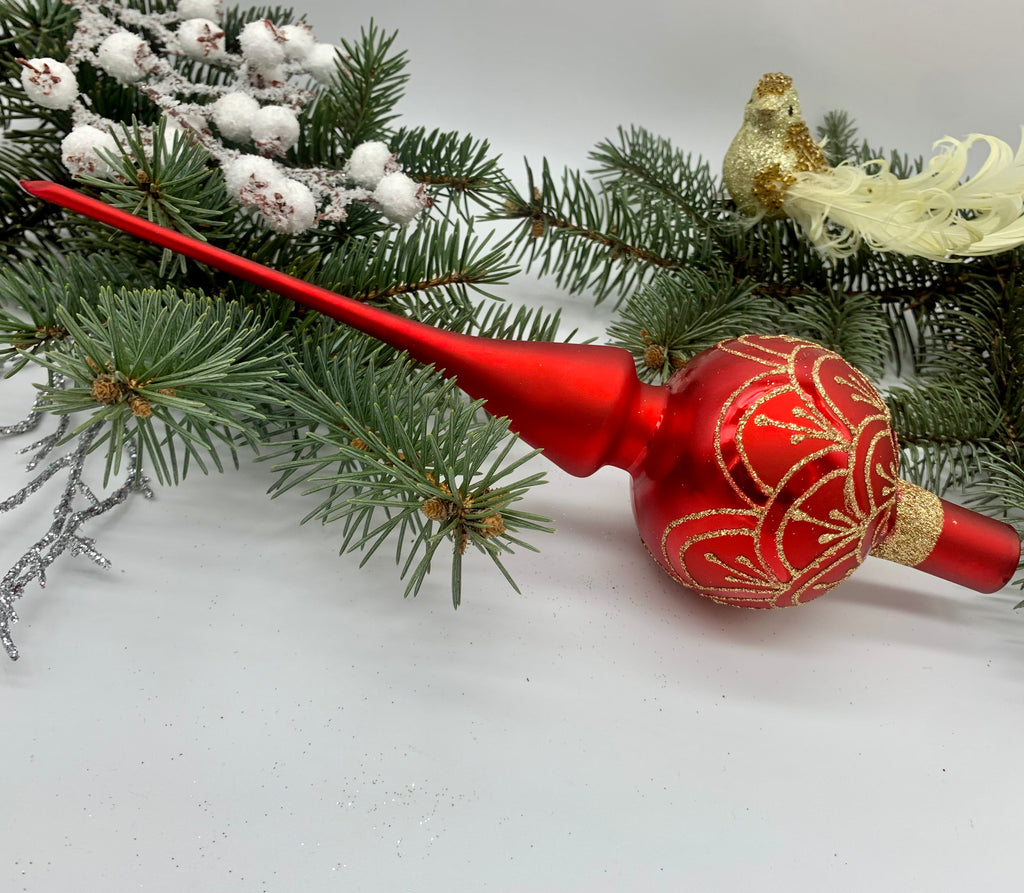 Red Christmas glass tree topper with gold glitter, vintage XMAS finial ChristmasboxStore