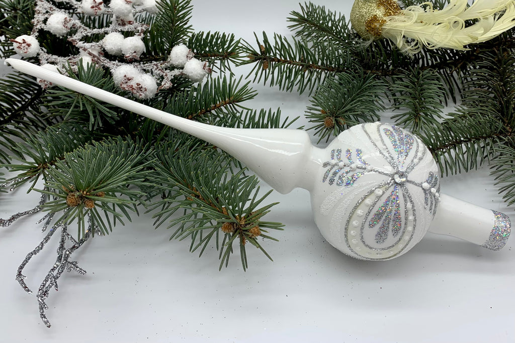White Christmas glass tree topper with silver glitter, vintage XMAS finial ChristmasboxStore