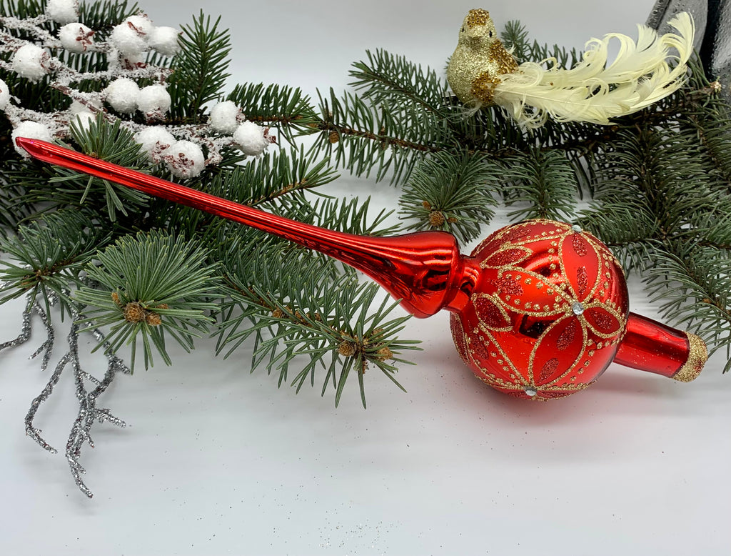 Red Christmas glass tree topper with gold glitter, vintage XMAS finial ChristmasboxStore