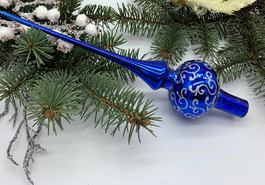 Blue Christmas glass tree topper with silver ornament, vintage XMAS finial ChristmasboxStore