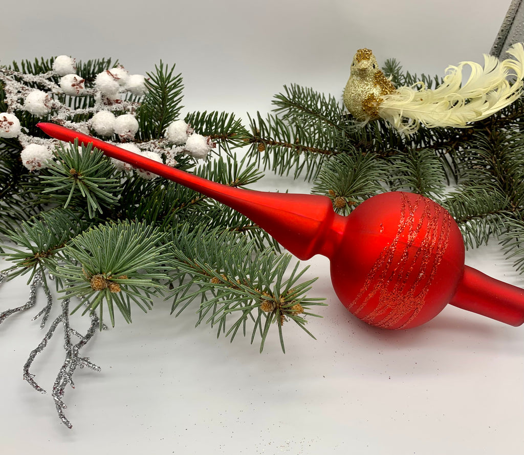 Red Christmas glass tree topper with glitter, vintage XMAS finial ChristmasboxStore