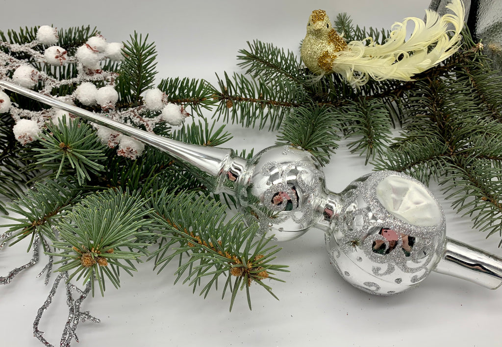 Silver Christmas glass tree topper with reflectors and silver glitter ChristmasboxStore