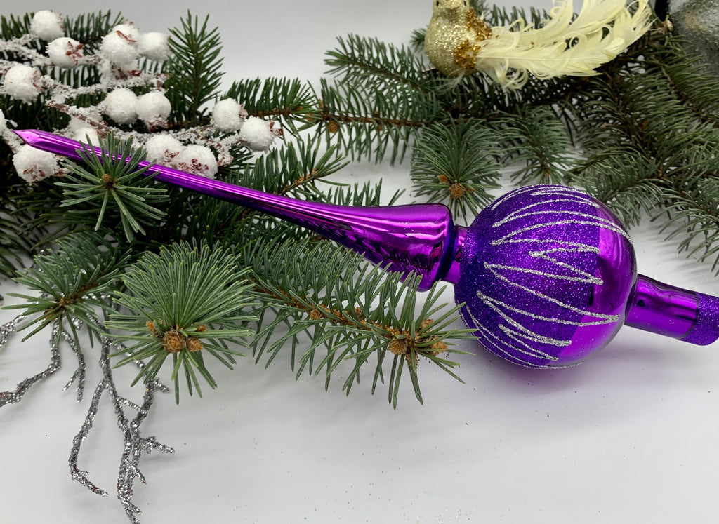 Purple Christmas glass tree topper with silver lines, vintage XMAS finial ChristmasboxStore