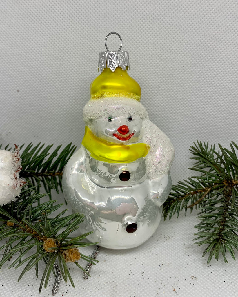 Snowman with a broom in a yellow hat glass Christmas handmade ornament, Luxury Christmas glass decoration, Christmas tree glass ornament ChristmasboxStore