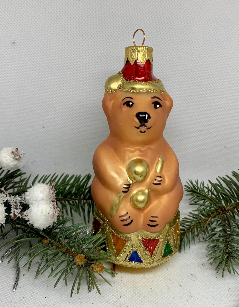 A bear on a drum glass Christmas handmade ornament, Luxury Christmas glass decoration, Christmas tree glass ornament ChristmasboxStore