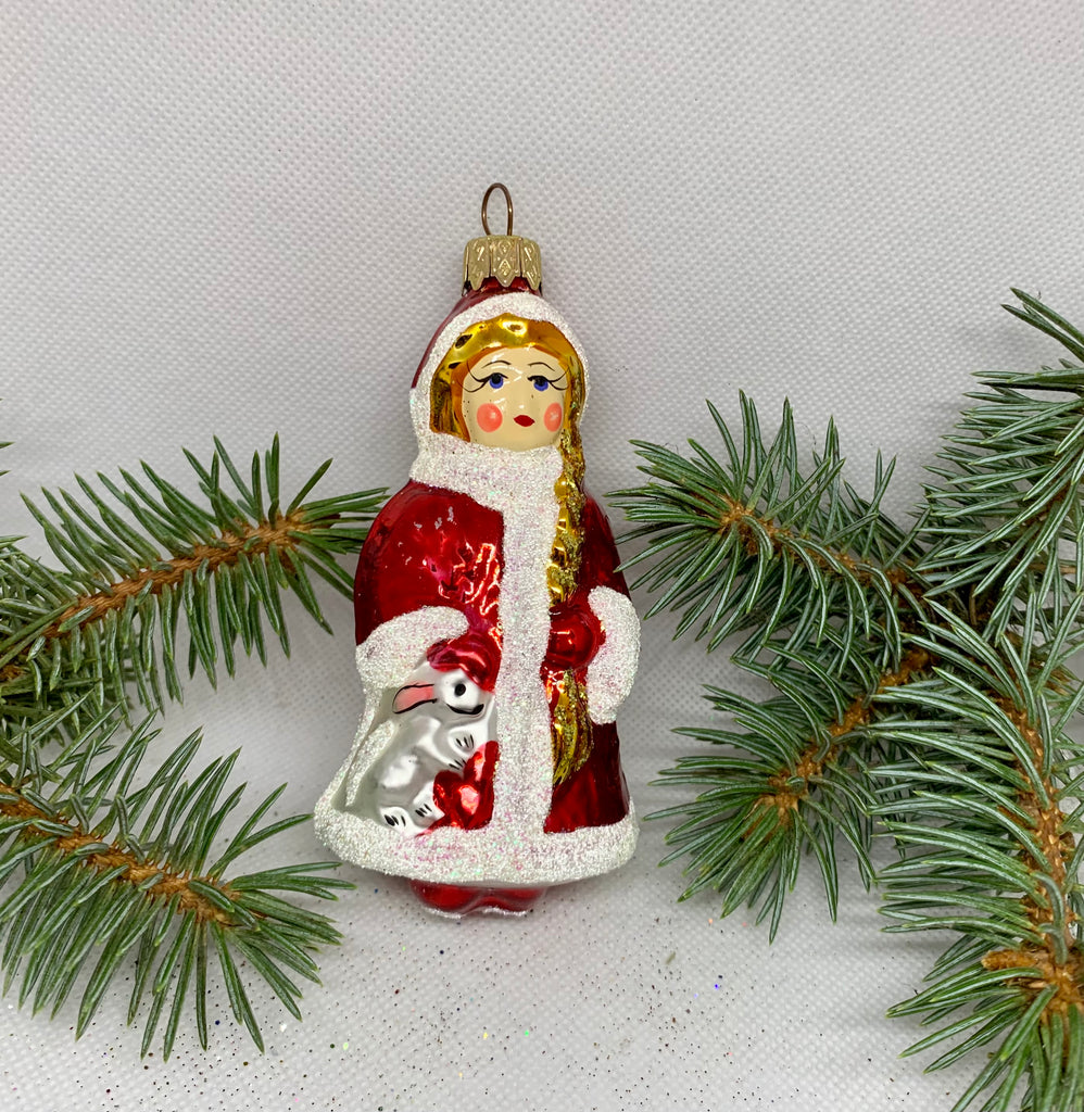 Snow Maiden white and red glass Christmas handmade ornament, Luxury Christmas glass decoration, Christmas tree glass ornament ChristmasboxStore