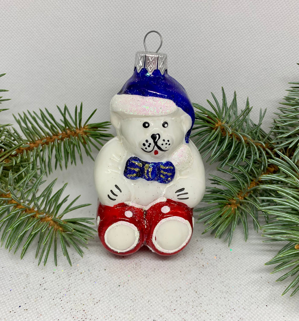 Sitting bear in a blue bow glass Christmas handmade ornament, Luxury Christmas glass decoration, Christmas tree glass ornament ChristmasboxStore